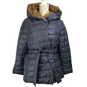 Weekend Max Mara Reversible Hooded Down Puffer Jacket Belted Navy Brown Size 8